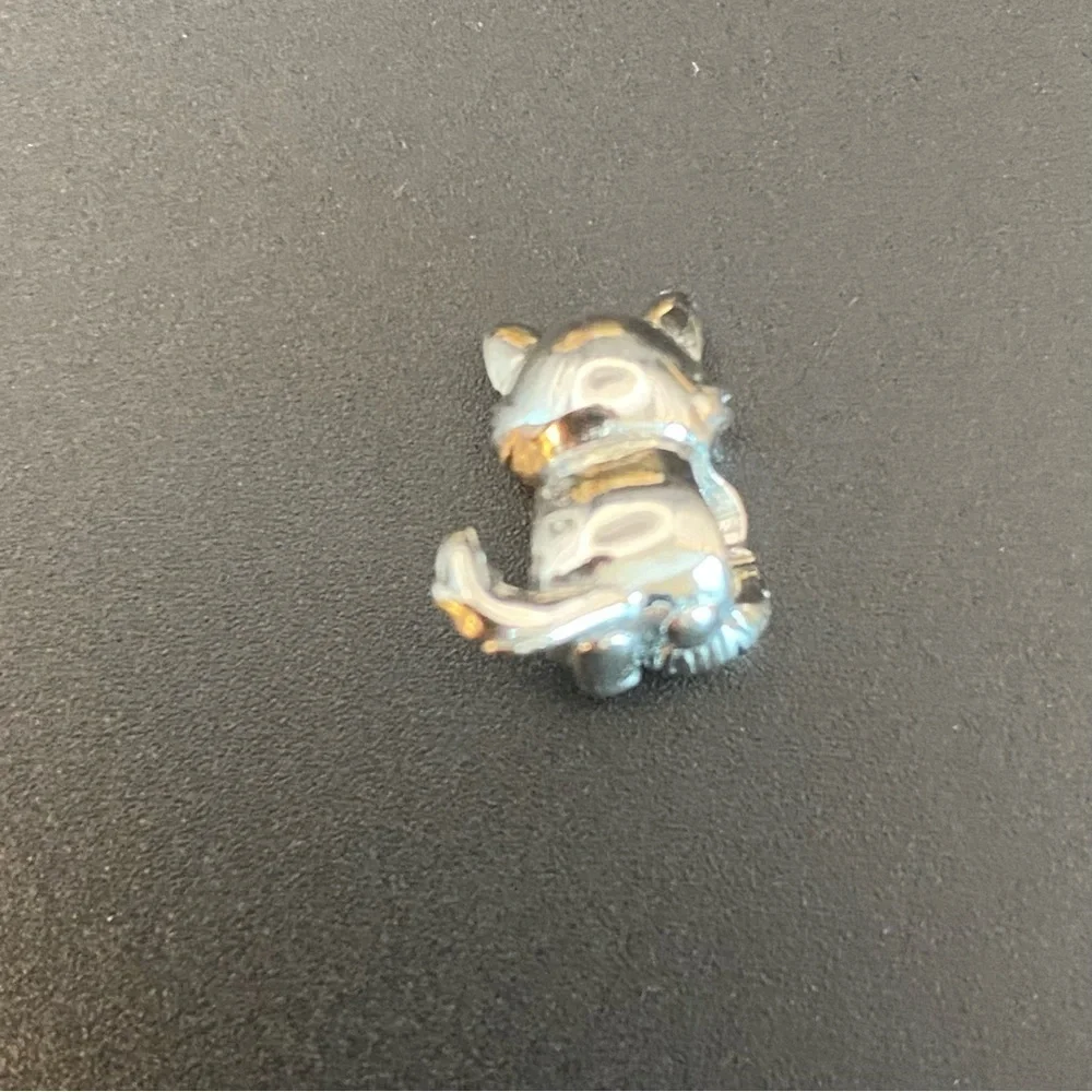 925 Sterling Silver Cat Pandora Style Charm with Pink Accents